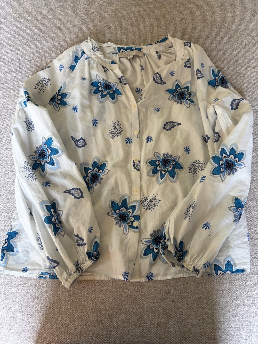 LOFT White Blouse with Blue Floral Print